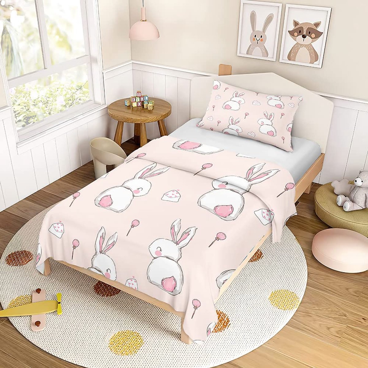 Beddengoedset eenpersoonsbed - schattige konijnenprint - 1 stuk - 100% polyester - 120 x 150 cm