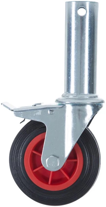 Zwenkwiel met zwarte band, rood wielhart en metalen frame.