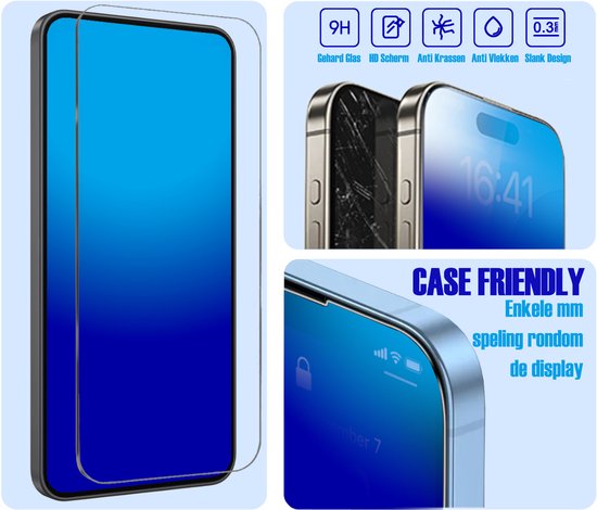 Screenprotector van gehard glas met "9H", "HD Scherm", "Anti Krassen", "Anti Vlekken". "CASE FRIENDLY".