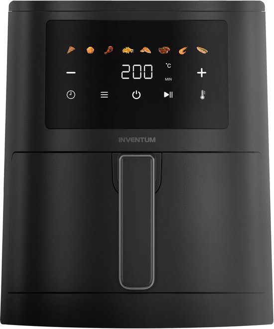 Zwarte Inventum airfryer met digitaal display waarop 200 graden Celsius en diverse kookprogramma's worden weergegeven.