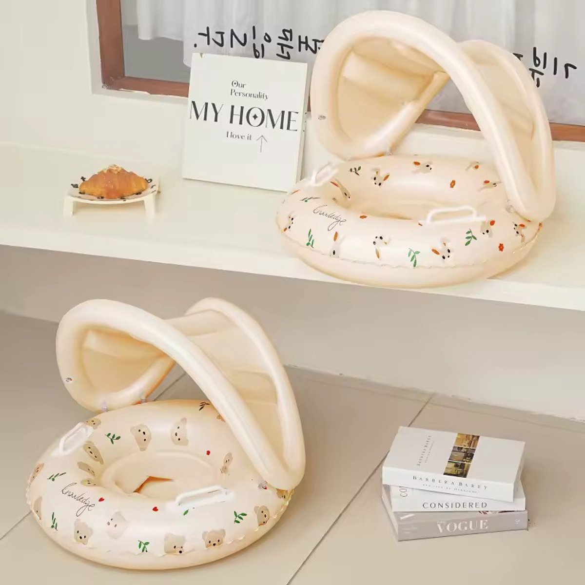 nieuwe beige baby/kinder zwembadring met beertjes design - zwemband - zwemstoelring met zonwering - zwembadring met zonnescherm - baby zwembad - baby zwem accessoires