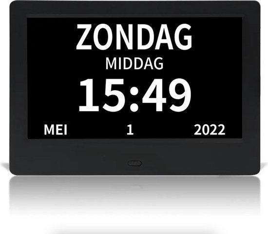Zwarte digitale klok met de dag 'zondag' en de datum.