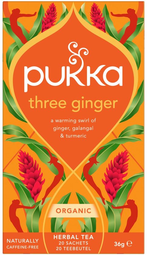 Pukka three ginger biologische thee verpakking, oranje met gember bloemen en bladeren.