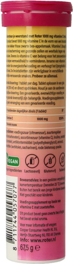 Roter Vitamine C 1000 mg bruis - Ondersteunt je natuurlijke weerstand - Suikervrij - Vegan - Met lekkere frisse zwarte bes-appelsmaak - 15 bruistabletten