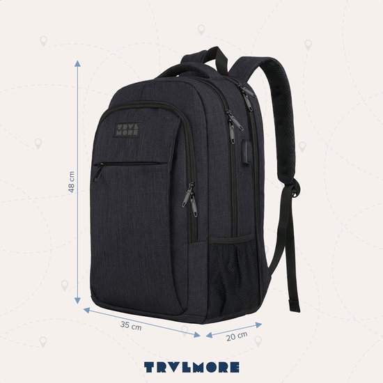 TravelMore Daily Carry XL Backpack - Sac à dos pour ordinateur portable 17,3 pouces - Femme / Homme - 36L - Hydrofuge - Zwart
