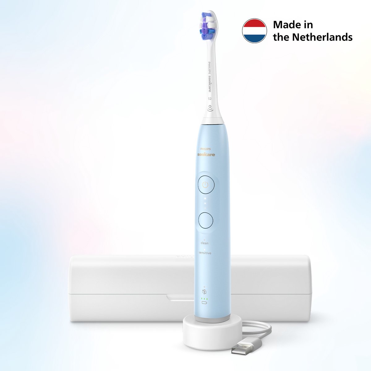 Afbeelding 2 van Philips Sonicare 6100 series - Elektrische Tandenborstel – Lichtblauw - Sensitive opzetborstel – Reisetui - Gevoelige tanden - HX7406/02