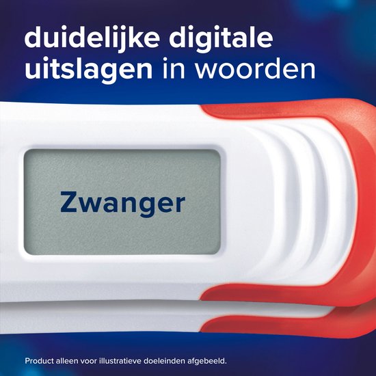 Close-up van digitale zwangerschapstest met de tekst "Zwanger" op het scherm. Wit met rode accenten.