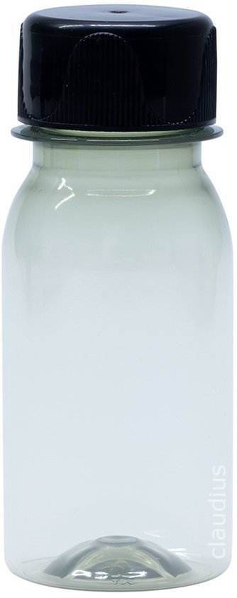 Bouteille à Shot vide en plastique 60 ml - RPET transparent - avec bouchon strié noir - lot de 10 - rechargeable - vide - 75% PET recyclé