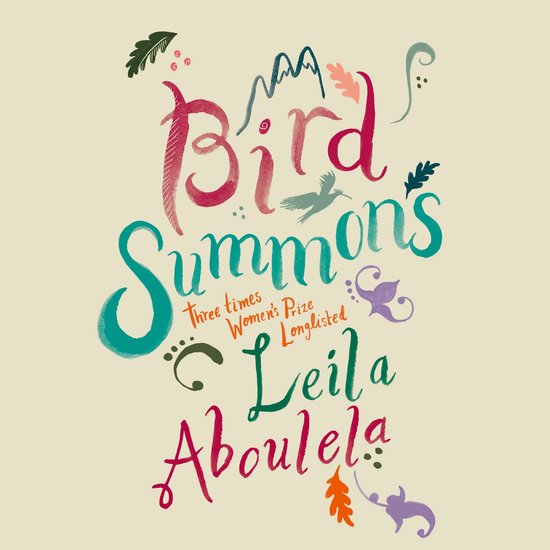 Titel: Bird Summons. Illustratie met aquareltekst in roze, groen en paars. Een klein vogel-icoon boven de tekst.
