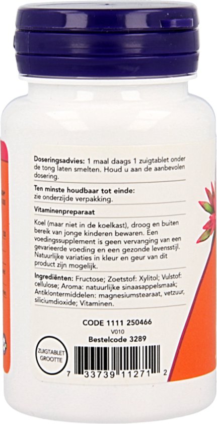 Achterkant flesje NOW B12 Actief met oranje en witte etikettering, waarop ingrediënten en gebruiksaanwijzing staan.
