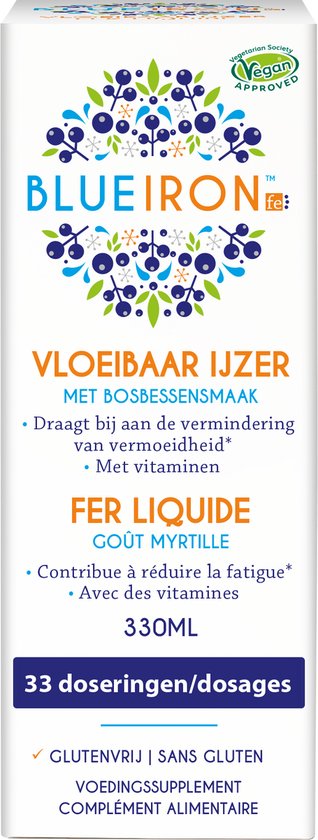 Kartonnen doos van Blueiron vloeibaar ijzer met bessensmaak. Het etiket heeft een blauwe achtergrond met witte en oranje tekst en afbeeldingen van bosbessen.