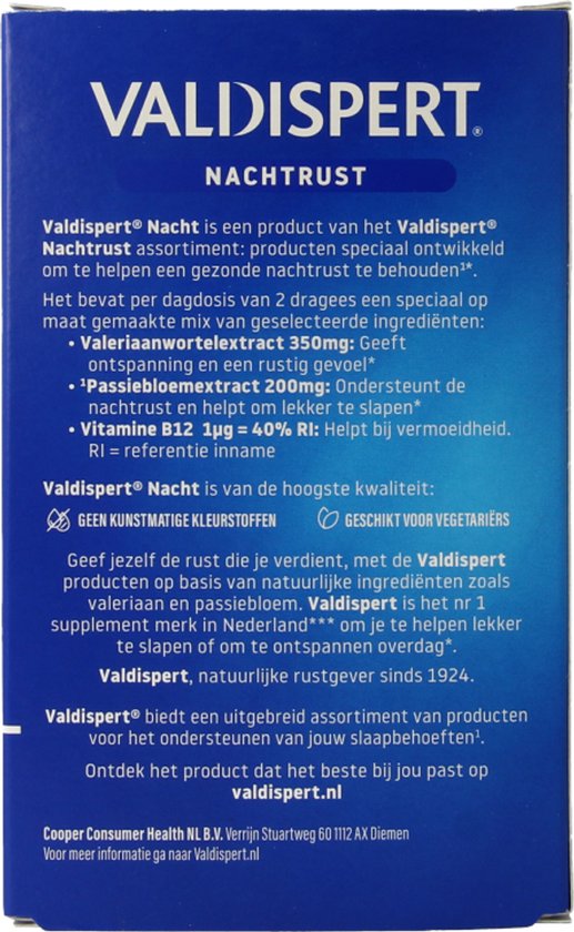 Achterkant Valdispert Nacht doosje met informatie over ingrediënten en gebruik.
