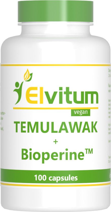 Witte fles met groene dop, etiket met 'Elvitum vegan', 'TEMULAWAK + Bioperine', '100 capsules'.