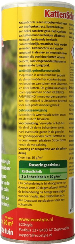 Blik met "KattenSchrik tegen katten" en de tekst "100% natuurlijke knoflookextract". Met gebruiksaanwijzing.