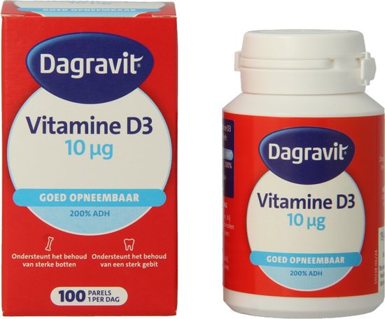 Dagravit Vitamine D 10µg parels - Ondersteunt het behoud van sterke botten en een sterk gebit - Goed opneembaar door de oliebasis - 100 parels