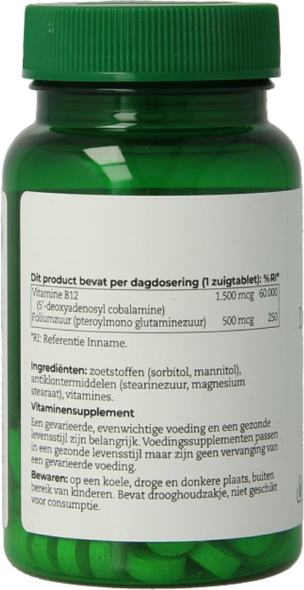 Groene pot met een etiket met informatie over het product, ingrediënten en dosering.