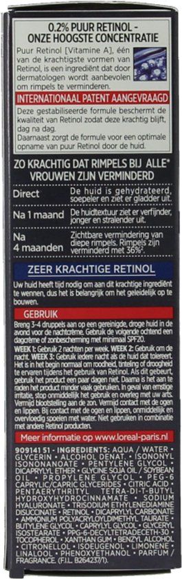 Gebruiksinstructies voor L'Oréal Paris Revitalift Laser Puur Retinol Nacht Serum. Vermindert rimpels.