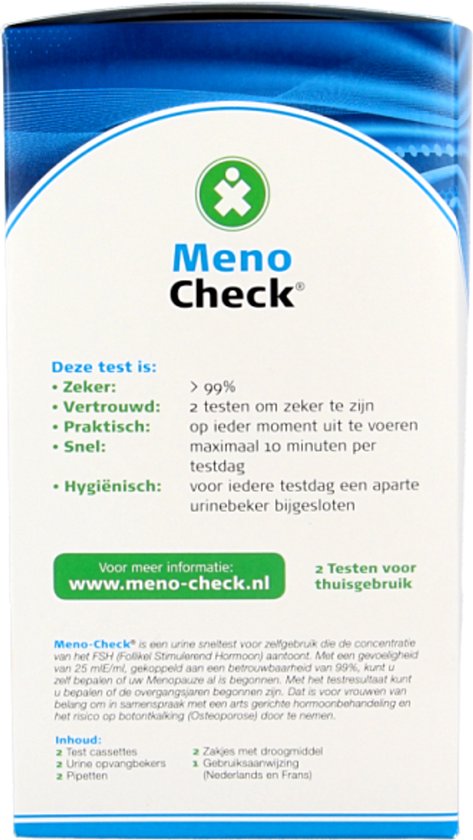 Doos met Meno Check menopauzetest. Wit met blauwe golvende lijnen. Met tekst 'Deze test is: Zeker: >99%. Vertrouwd: 2 testen om zeker te zijn. Praktisch: op ieder moment uit te voeren. Snel: maximaal 10 minuten per testdag. Hygiënisch: elke testdag een aparte urinebeker.', bevat 2 testen voor thuisgebruik.
