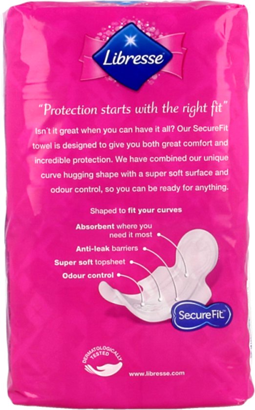 Achterkant verpakking Libresse Maxi. Beschrijving: 'Protection starts with the right fit'.