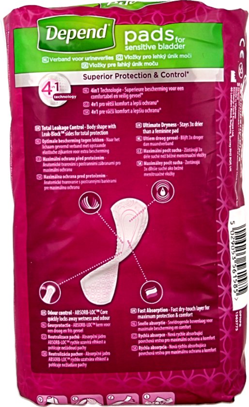 Achterkant verpakking met informatie over de 'Depend pads for sensitive bladder'. Toont een verband.