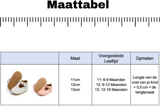 Maattabel met roze en witte babyschoentjes.
