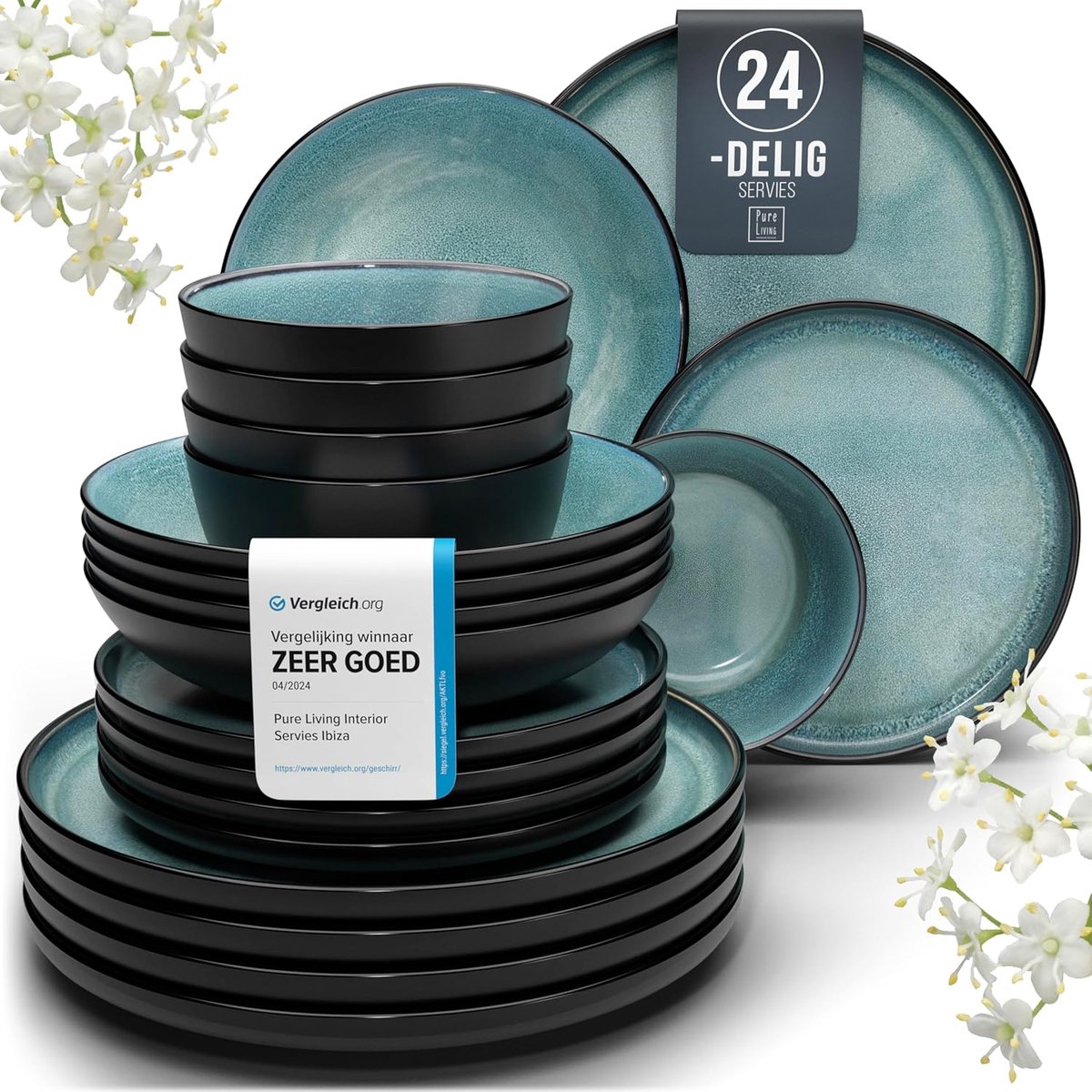 Pure Living Ibiza Dark 24-Delig Serviesset - 6 Persoons - Grijsblauw - Aardewerk - Vaatwasserbestendig - Magnetronbestendig