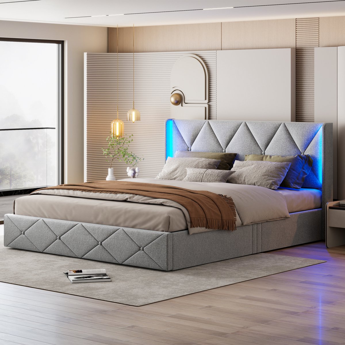 Gestoffeerd bed 160x200 cm met LED-hoofdbord, tweepersoonsbed opbergbed functioneel bed, jeugdbed rugleuning bedframe met lattenbodem, zonder matras, linnengrijs