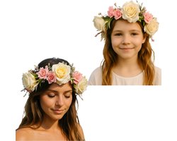 Joya Kids® Bloemenkrans Haarband | Kunstbloemen Haaraccessoire voor Bruiloft, Festival, Verjaardag | Verstelbare Maat | Voor Kinderen en Volwassenen | Ibiza Haarband | Roze & Crème