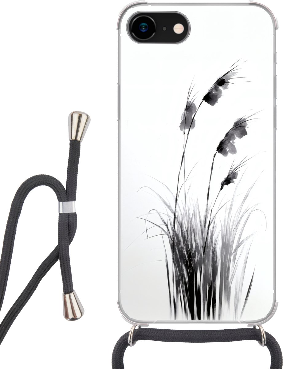 Telefoonhoesje Geschikt voor iPhone 7 - Minimalistisch - Stelen - Wit - Siliconen - Crossbody - Backcover met Koord - Telefoonhoesje met koord - Hoesje met touw Telefoonhoesje