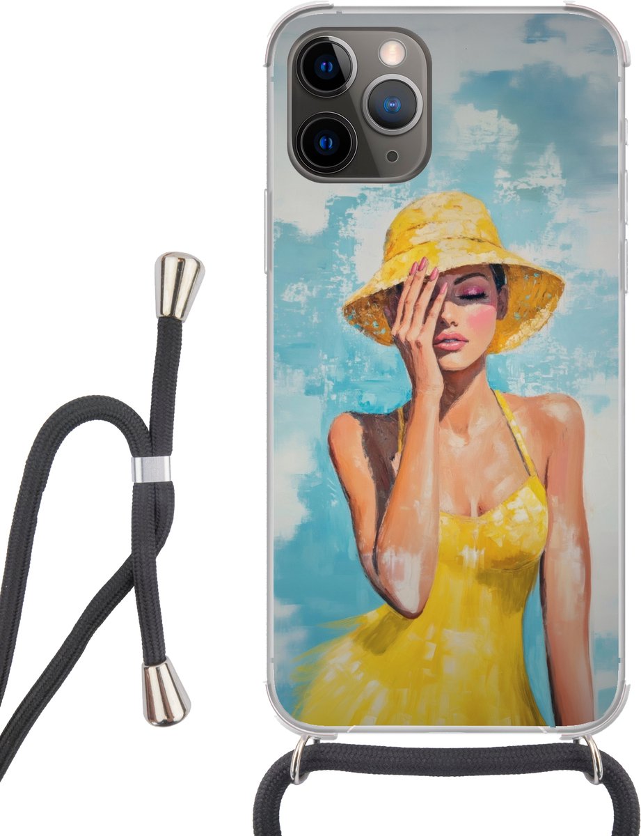 Telefoonhoesje Geschikt voor iPhone 11 Pro - Schilderij - Vrouw - Hoed - Geel - Siliconen - Crossbody - Backcover met Koord - Telefoonhoesje met koord - Hoesje met touw Telefoonhoesje