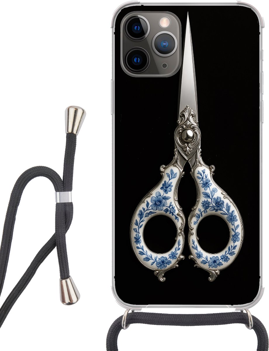 Telefoonhoesje Geschikt voor iPhone 11 Pro - Schaar - Delfts blauw - Zwart - Siliconen - Crossbody - Backcover met Koord - Telefoonhoesje met koord - Hoesje met touw Telefoonhoesje
