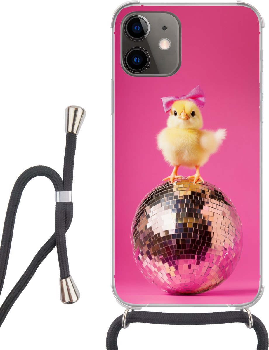 Telefoonhoesje Geschikt voor iPhone 12 Mini - Discobal - Kuiken - Strik - Siliconen - Crossbody - Backcover met Koord - Telefoonhoesje met koord - Hoesje met touw Telefoonhoesje
