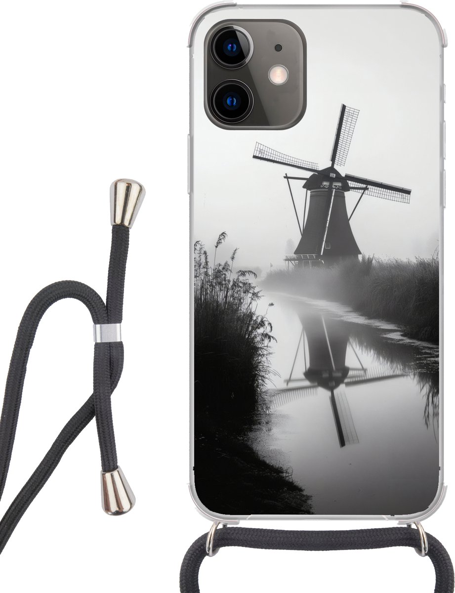 Telefoonhoesje Geschikt voor iPhone 11 - Molen - Weerspiegeling - Landschap - Water - Siliconen - Crossbody - Backcover met Koord - Telefoonhoesje met koord - Hoesje met touw Telefoonhoesje