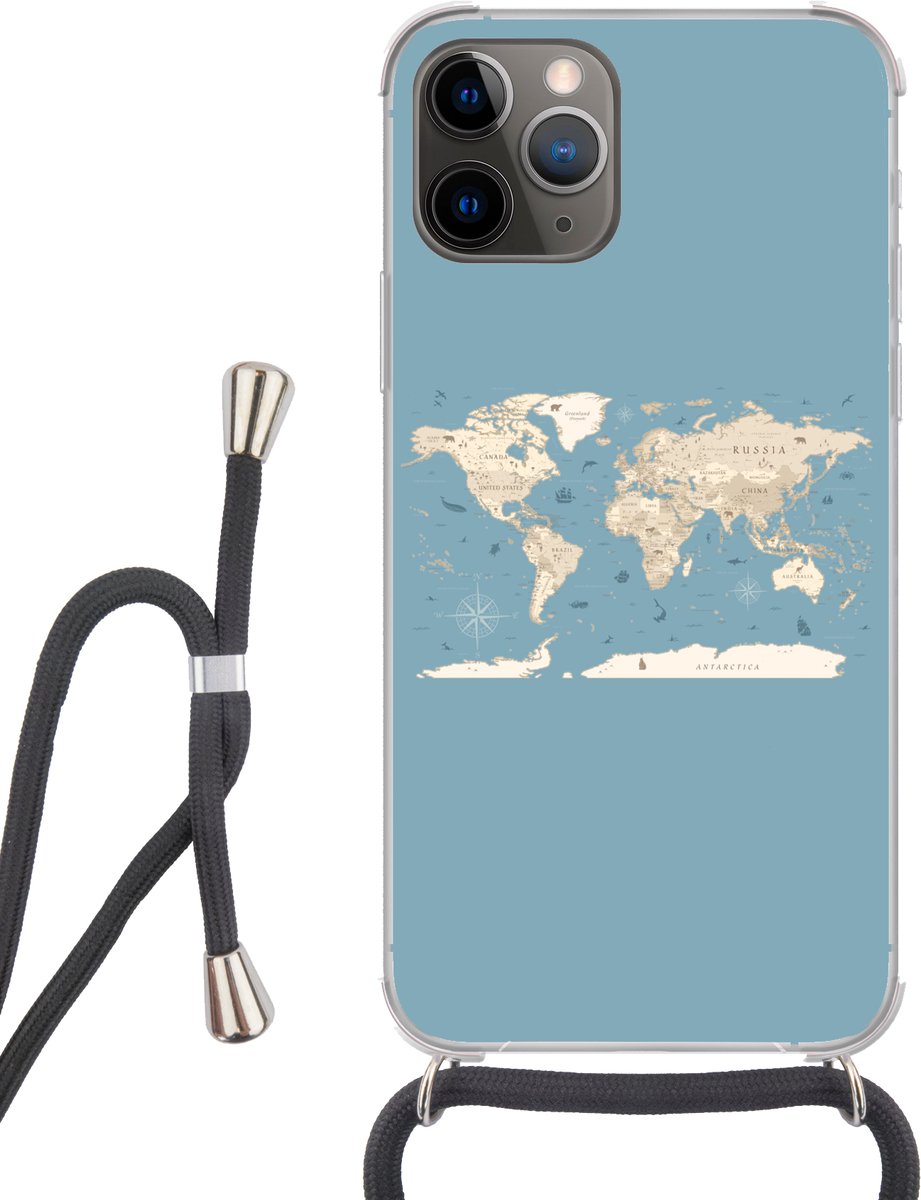 Telefoonhoesje Geschikt voor iPhone 11 Pro - Wereldkaart - Oceaan - Realistisch - Blauw - Siliconen - Crossbody - Backcover met Koord - Telefoonhoesje met koord - Hoesje met touw Telefoonhoesje