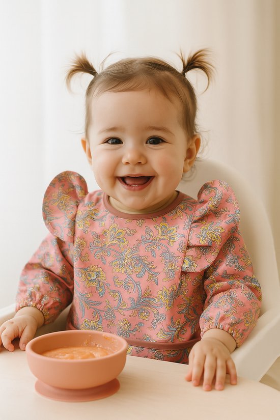 Joya Kids® Slabber Lange Mouwen Roze met Brede Opvangbak - Peuter Kliederschort met Pofmouwen - Verfschort - Schattig Baby Slabbertje Meisje / Schort - Mouwslab - Mouwslabber met Roze Bloemen - Maat S - 6 tot 12 Maanden Oud van Merkloos — afbeelding 3