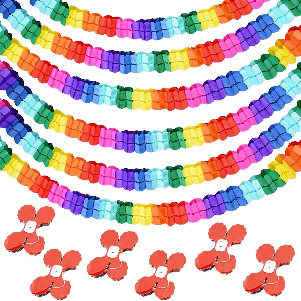 JGS Premium - Set van 6 kleurrijke papieren slingers voor feestdecoratie - Regenboogthema - Voor verjaardag, bruiloft en carnaval - 3 meter per slinger