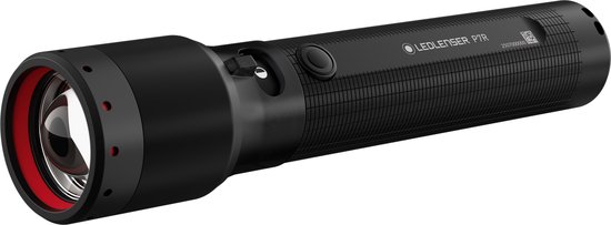 Zwarte Ledlenser P7R zaklamp met grof geribbelde grip en rode ring.