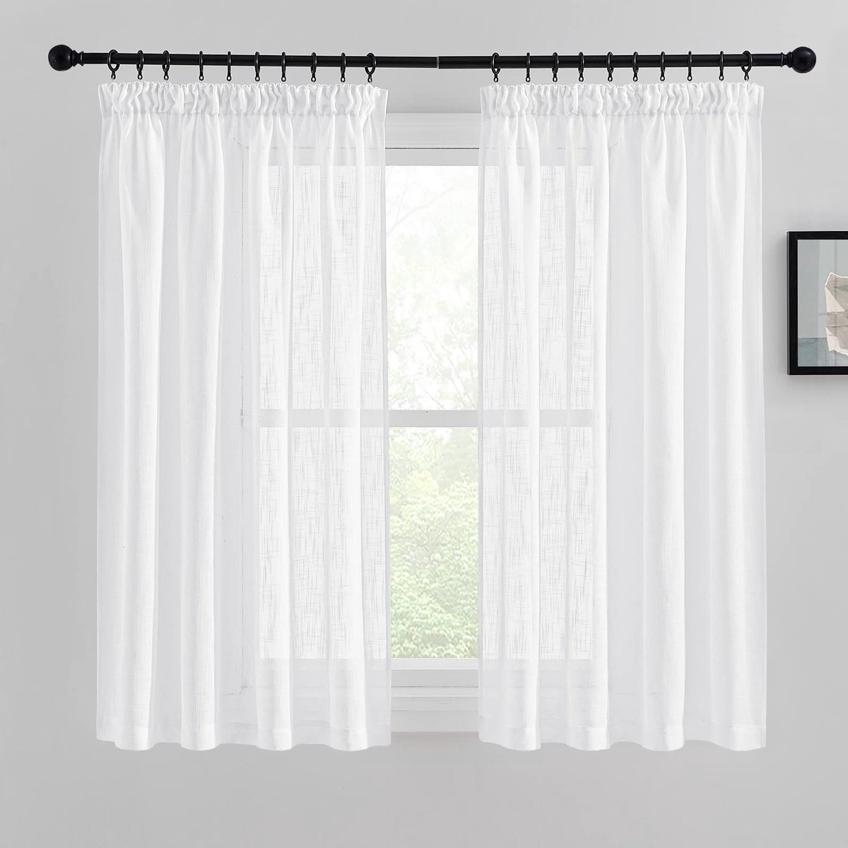 Ibenzoa® Vitrage Gordijnen Set voor Moderne Keuken in Witte Linnenlook met Plooiband, Half-Transparant, 137 x 140 cm
