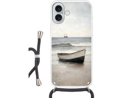 Telefoonhoesje Geschikt voor iPhone 16 Plus met koord - Roeiboot - Zee - Horizon - Siliconen - Crossbody - Backcover met Koord - Telefoonhoesje met koord - Hoesje met touw Telefoonhoesje