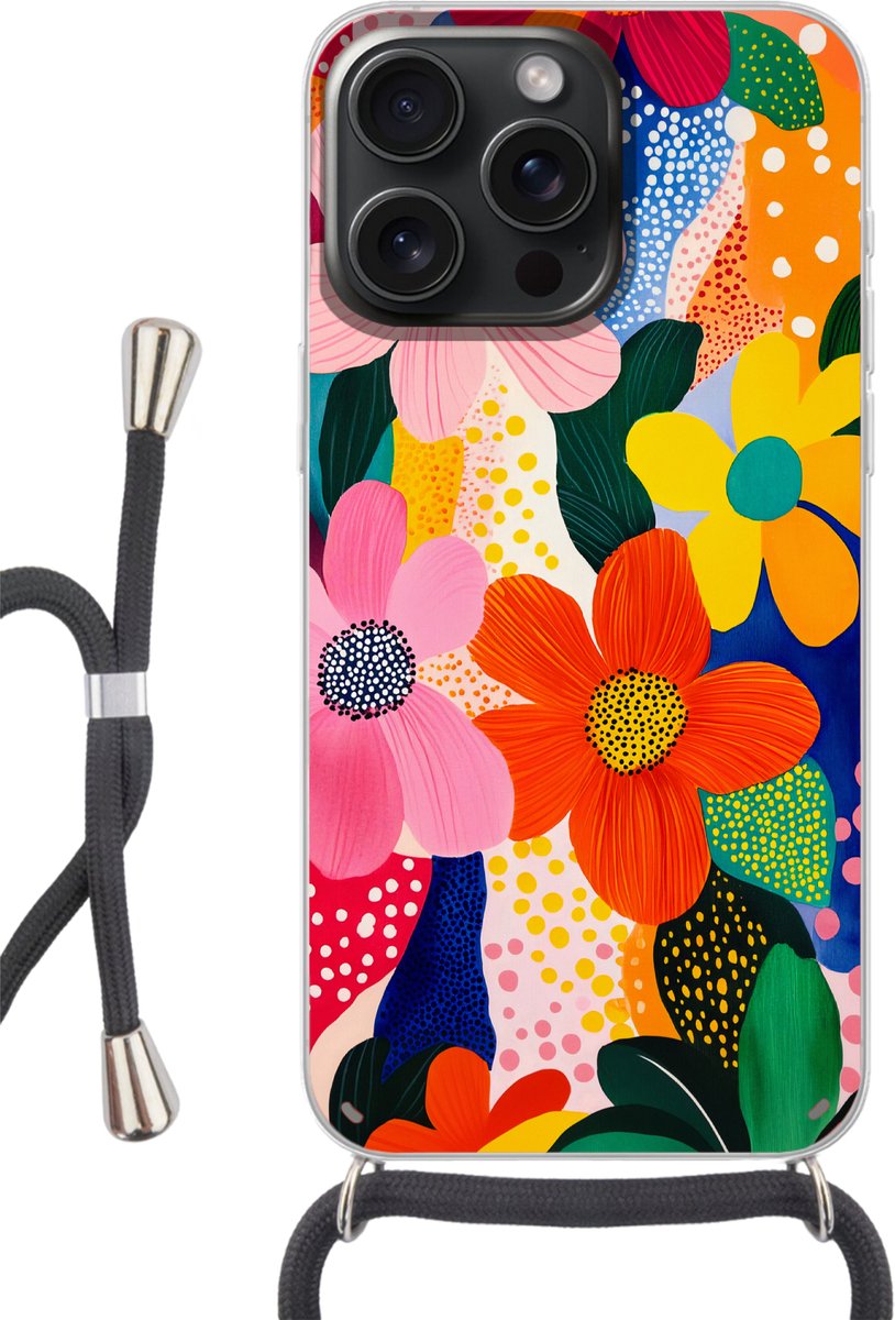 Telefoonhoesje Geschikt voor iPhone 15 Pro Max - Bloemen - Kleurrijk - Stippen - Siliconen - Crossbody - Backcover met Koord - Telefoonhoesje met koord - Hoesje met touw Telefoonhoesje