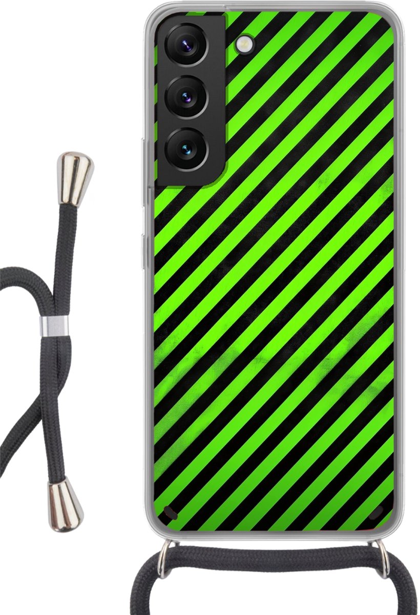 Telefoonhoesje Geschikt voor Samsung Galaxy S22 - Gaming - Strepen - Schuin - Groen - Siliconen - Crossbody - Backcover met Koord - Telefoonhoesje met koord - Hoesje met touw Telefoonhoesje