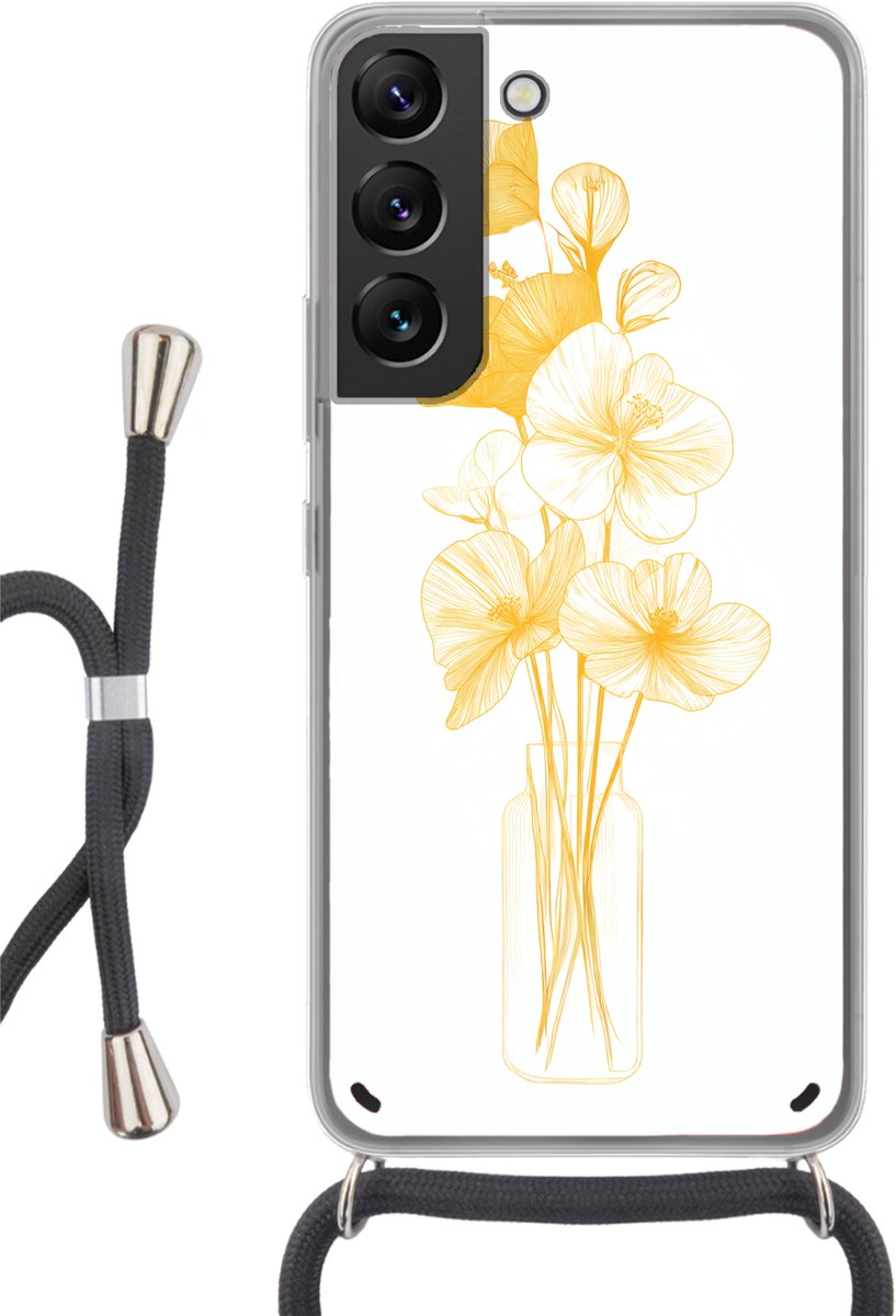 Telefoonhoesje Geschikt voor Samsung Galaxy S22 - Lijntekening - Bloemen - Geel - Vaas - Siliconen - Crossbody - Backcover met Koord - Telefoonhoesje met koord - Hoesje met touw Telefoonhoesje