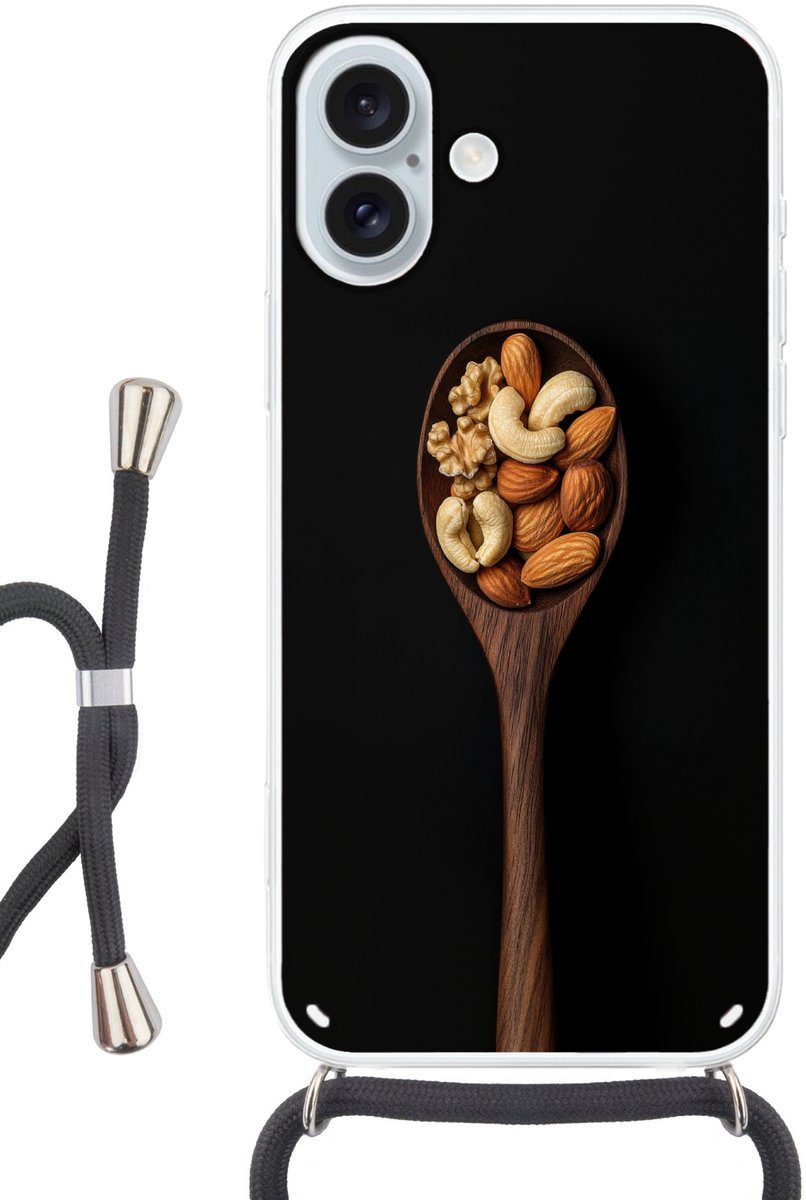 Telefoonhoesje Geschikt voor iPhone 16 Plus met koord - Hout - Noten - Zwart - Siliconen - Crossbody - Backcover met Koord - Telefoonhoesje met koord - Hoesje met touw Telefoonhoesje