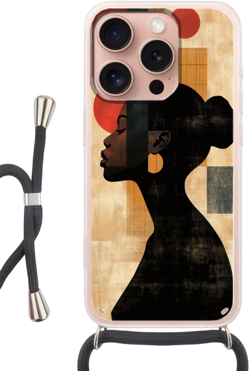 Telefoonhoesje Geschikt voor iPhone 16 Pro - Zijaanzicht - Vrouw - Vormen - Siliconen - Crossbody - Backcover met Koord - Telefoonhoesje met koord - Hoesje met touw Telefoonhoesje
