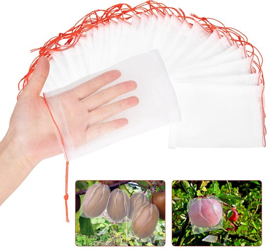 TARAKO Fruitbeschermingstassen,Fruittassen voor fruitbomen | 100 stuks fruitbeschermer fruitnetafdekking met trekkoord | Mesh Bag Groene Netting Bags Draagbaar voor Groenten Tuin Druiven Mango