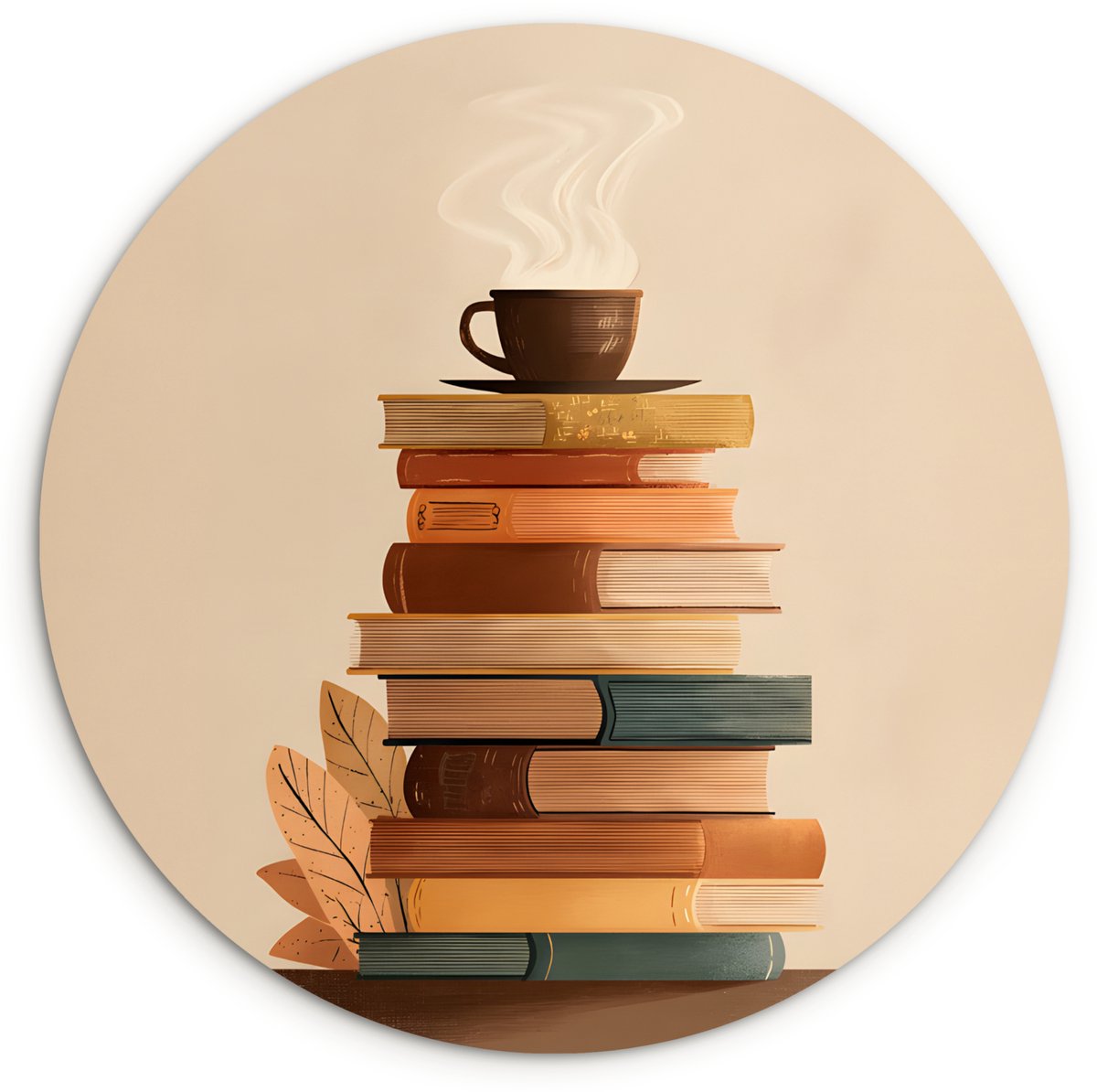 WallCircle Wandcirkel 150x150 cm - Muurcirkel Boeken - Toren - Koffie - Beige - Muurdecoratie woonkamer - Wanddecoratie slaapkamer - Kamer decoratie accessoires - Ronde schilderijen Stapel - Boeken - Koffie