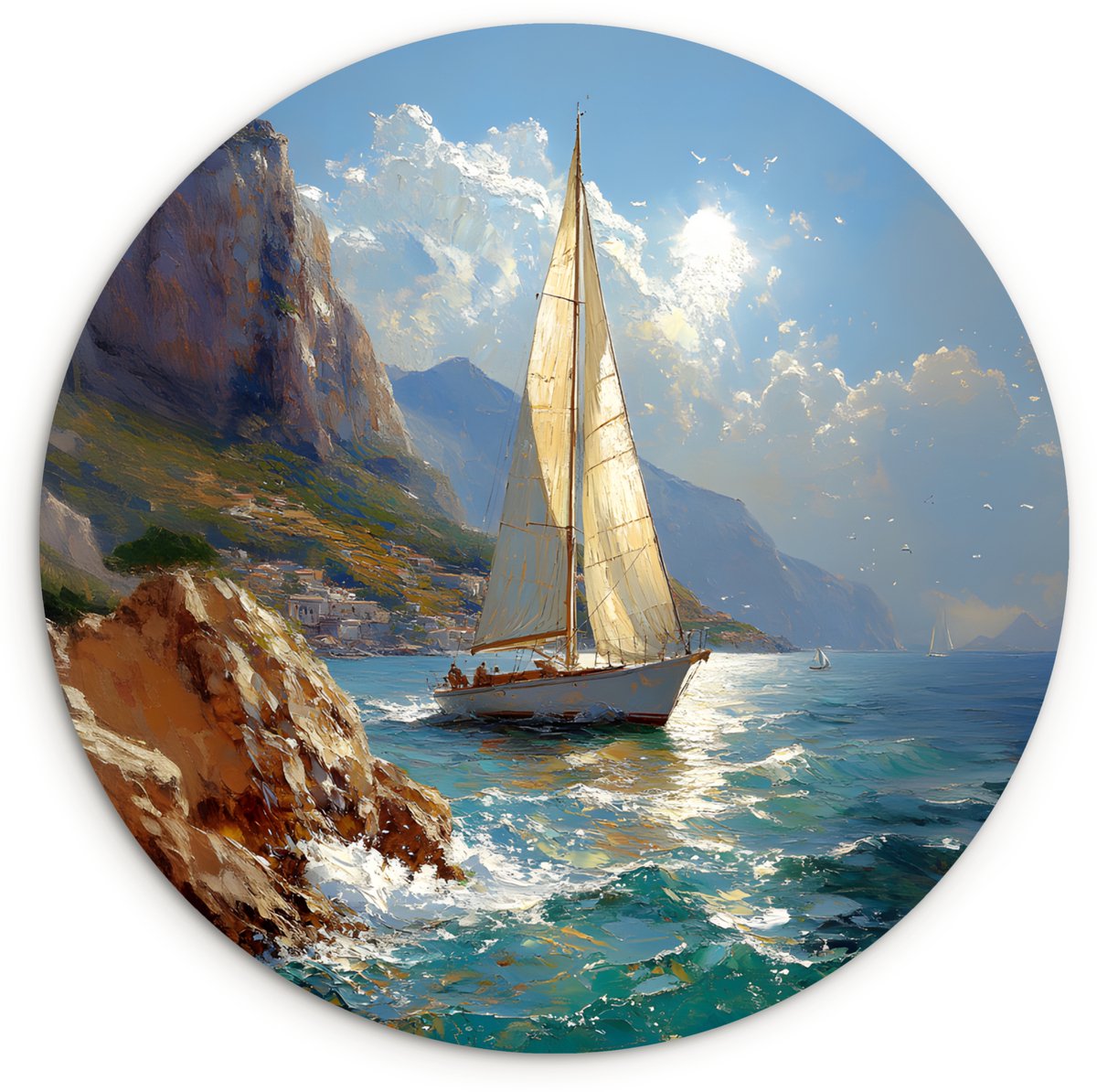 WallCircle Wandcirkel 140x140 cm - Muurcirkel Zeilschip - Zee - Rotsen - Wolken - Muurdecoratie woonkamer - Wanddecoratie slaapkamer - Kamer decoratie accessoires - Ronde schilderijen Zeilschip - Rotsen - Zee