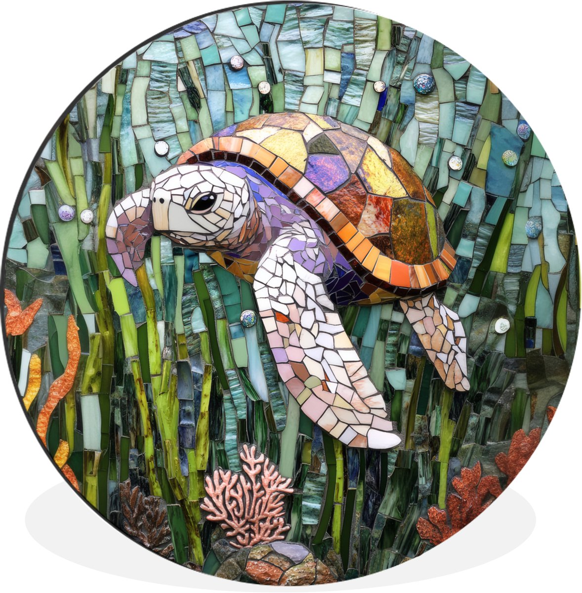 WallCircle Wandcirkel - Muurcirkel - Schildpad - Zeewier - Mozaïek - Aluminium - Dibond - 120x120 cm - Binnen en Buiten
