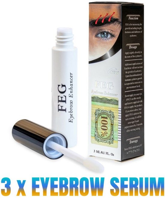 Verpakking van wenkbrauwserum met de tekst '3 x EYEBROW SERUM'. De verpakking toont een oog met wenkbrauwen.