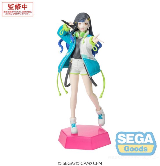 Figurine de Shiraishi An aux longs cheveux bleus, portant une veste turquoise et blanche, un short blanc, et un casque vert.